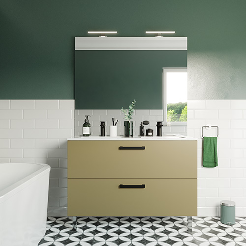 Meuble de salle de bain suspendu avec pieds double vasque intégrée 120cm 2 tiroirs Vert olive - Chango