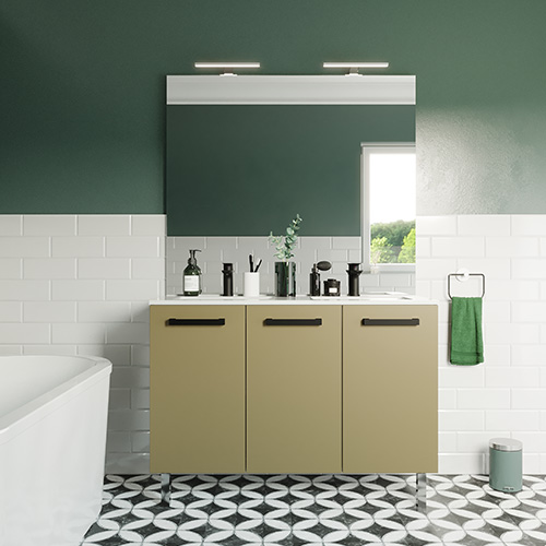 Meuble de salle de bain suspendu avec pieds double vasque intégrée 120cm 3 portes Vert olive - Chango
