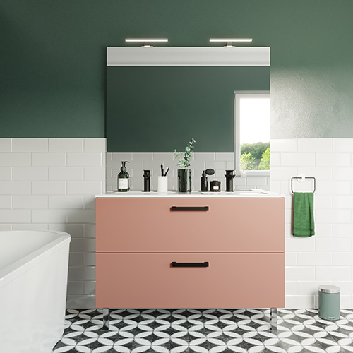 Meuble de salle de bain suspendu avec pieds double vasque intégrée 120cm 2 tiroirs Abricot + miroir - Chango