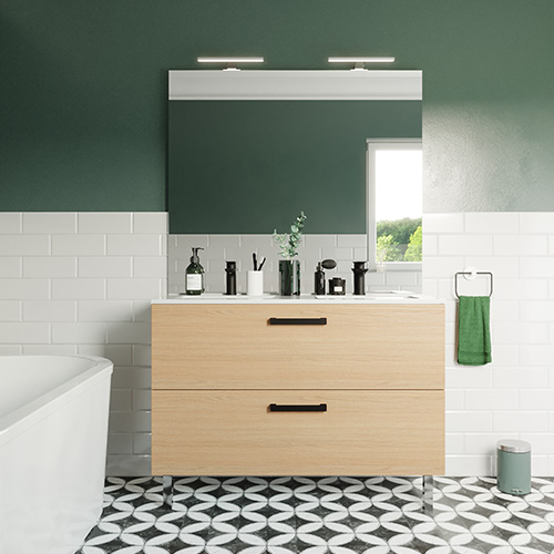 Meuble de salle de bain suspendu avec pieds double vasque intégrée 120cm 2 tiroirs Chêne clair + miroir - Chango
