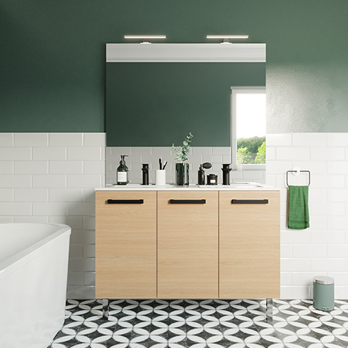 Meuble de salle de bain suspendu avec pieds double vasque intégrée 120cm 3 portes Chêne clair + miroir - Chango