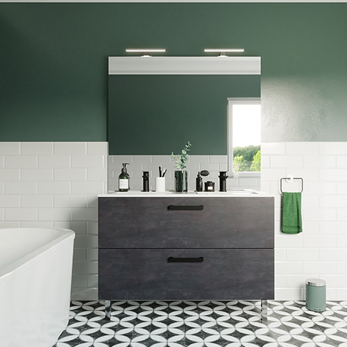 Meuble de salle de bain suspendu avec pieds double vasque intégrée 120cm 2 tiroirs Ardoise métallisée + miroir - Chango