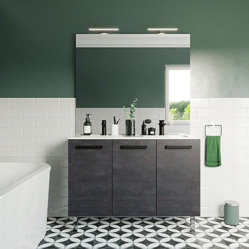 Meuble de salle de bain suspendu avec pieds double vasque intégrée 120cm 3 portes Ardoise métallisée + miroir - Chango