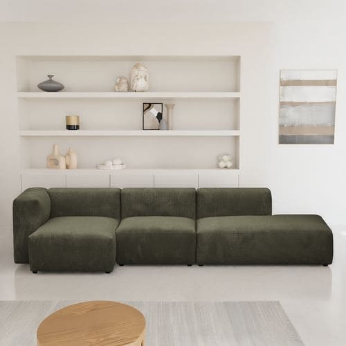 Canapé d'angle à gauche modulable avec méridienne 4 places en velours côtelé vert kaki - Modulo
