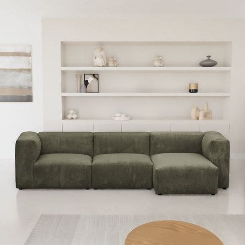 Canapé d'angle à droite modulable avec méridienne 4 places en velours côtelé vert kaki - Modulo