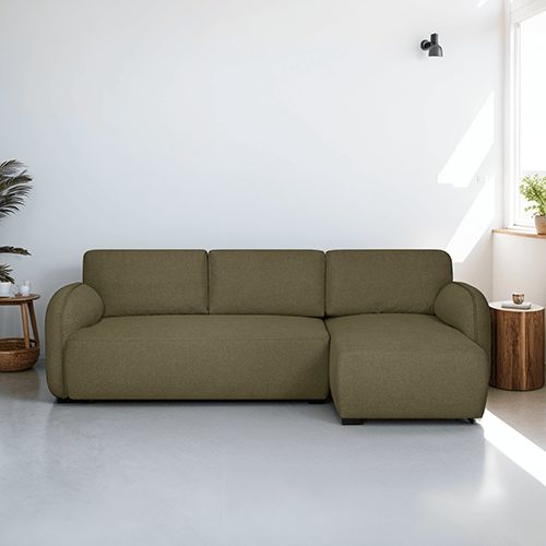 Canapé d'angle réversible convertible 5 places avec coffre de rangement en tissu vert olive - Cozzy