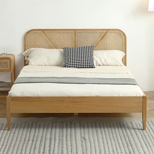 Ensemble lit adulte 160x200 cm placage bois avec tête de lit en cannage Leonie + Matelas mémoire de forme Memo HR