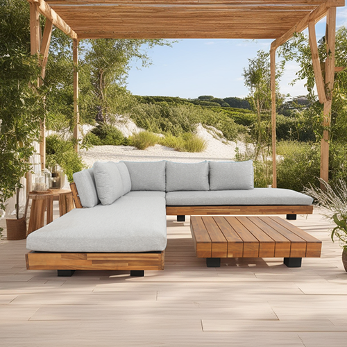 Salon de jardin d'angle 5 places en bois FSC et coussins gris chiné - Capri