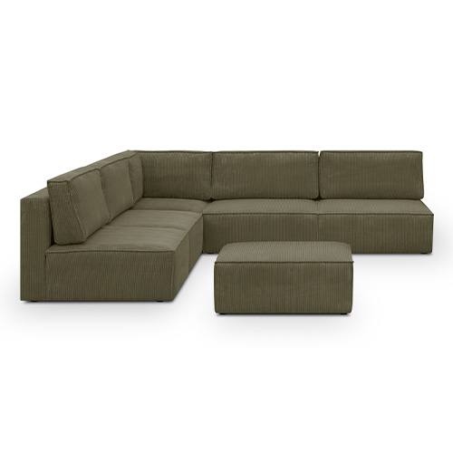 Canapé d'angle à gauche modulable 8 places avec pouf en velours côtelé vert kaki - Harper Mod