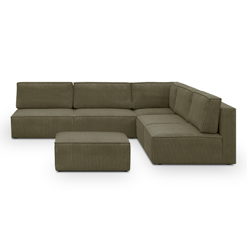 Canapé d'angle à droite modulable 8 places avec pouf en velours côtelé vert kaki - Harper Mod