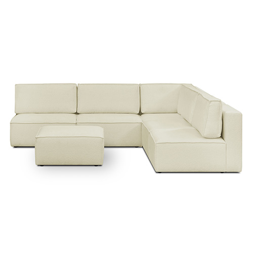 Canapé d'angle à droite modulable 8 places avec pouf en tissu bouclé écru - Harper Mod