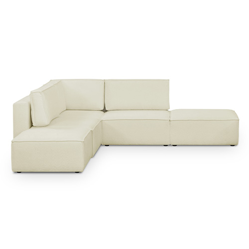 Canapé d'angle à gauche modulable 4 places avec 2 poufs en tissu bouclé écru - Harper Mod