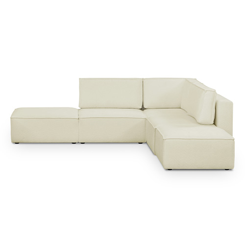 Canapé d'angle à droite modulable 4 places avec 2 poufs en tissu bouclé écru - Harper Mod