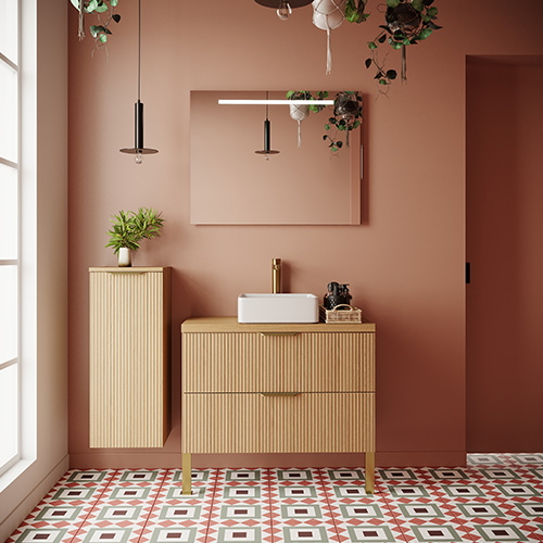 Meuble de salle de bain suspendu vasque à poser 90cm 2 tiroirs Chêne cannelé + miroir - Venice