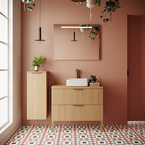 Meuble de salle de bain suspendu vasque à poser 90cm 2 tiroirs Chêne cannelé + miroir + colonne ouverture gauche - Venice