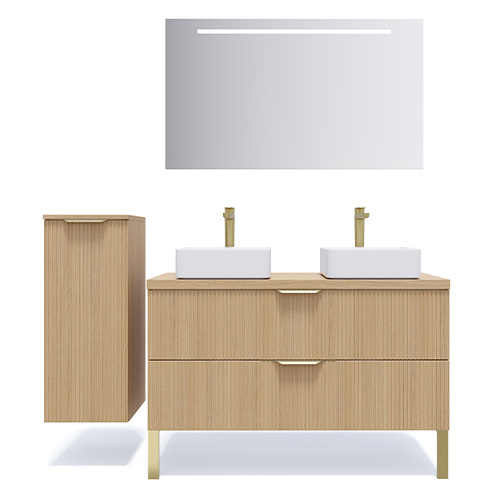 Meuble de salle de bain suspendu 2 vasques à poser 120cm 2 tiroirs Chêne cannelé + miroir + colonne ouverture gauche - Venice
