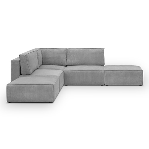 Canapé d'angle à gauche modulable 4 places avec 2 poufs en velours côtelé gris clair - Harper Mod