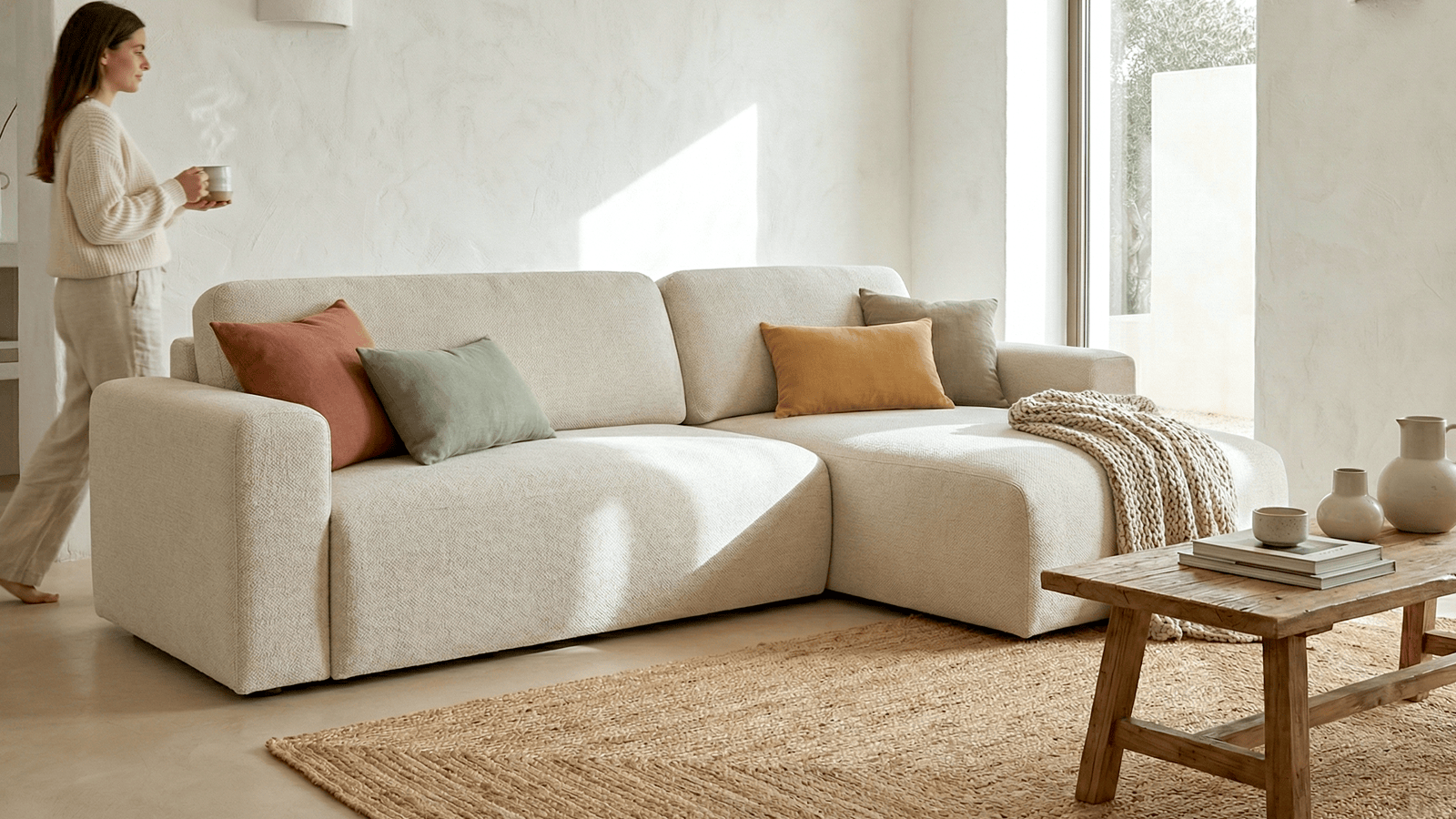 Canapé D'angle 3 Places Avec Méridienne Réversible - 242 Cm, Tissu Aspect Lin Beige, Assise Intégrée, Charge 400 Kg, Pour Salon
