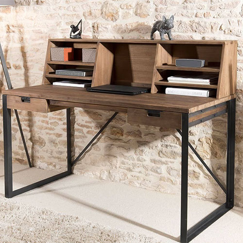 Bureau 2 tiroirs bois et métal avec étagères - Goran