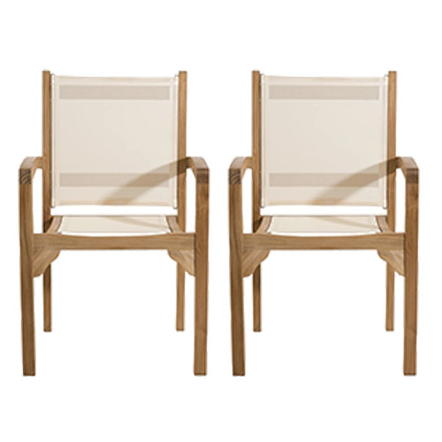 Ensemble de 2 fauteuils de jardin en bois teck - dossier et assise couleur en textilène ivoire - Fun