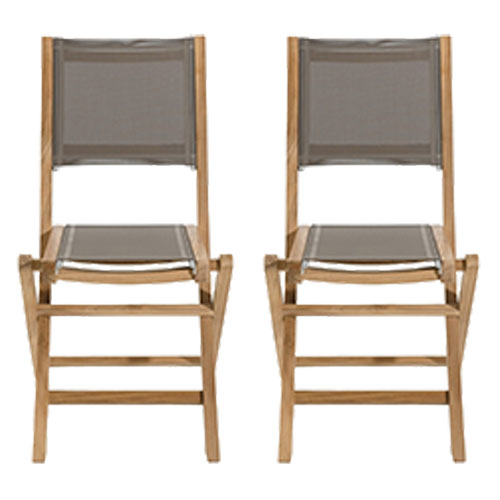 Ensemble de 2 chaises de jardin pliantes en bois teck et textilène couleur taupe - Fun