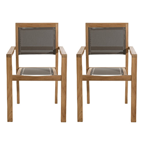 Lot de 2 fauteuils empilables en teck et tissu taupe – Collection Fun
