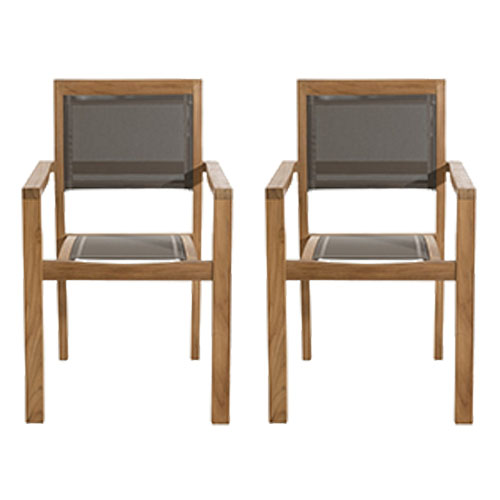 Lot de 2 fauteuils de jardin empilables en teck et tissu taupe - Fun