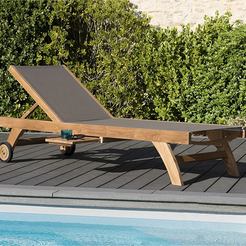 Bain de soleil en teck et textilène taupe - Fun