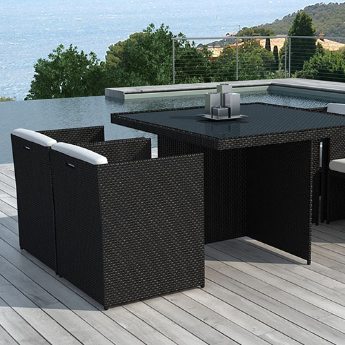 Table et fauteuils de jardin encastrables en résine tressée noire - Collection Lima