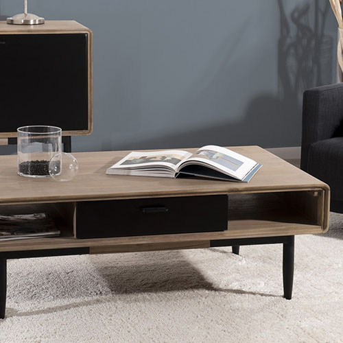 Table basse 2 tiroirs et 2 niches en acacia et métal - Collection Paloma