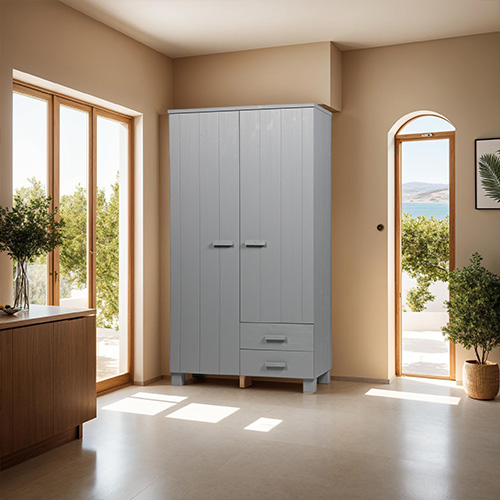 Armoire 2 portes 2 tiroirs en pin gris béton - Dennis