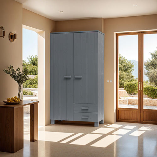 Armoire 2 portes 2 tiroirs en pin gris anthracite - Dennis