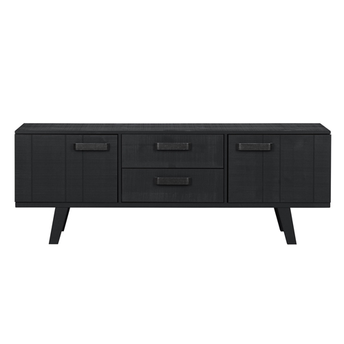 Meuble TV bas en pin massif noir 2 portes 2 tiroirs - Collection Watch - BePureHome