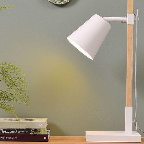 Lampe de table en fer et bois de frêne carré blanc et naturel - Sydney