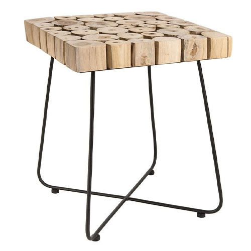 Table d'appoint carrée plateau en rondelles de bois piètement en métal noir - Mia