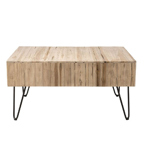 Table basse 2 tiroirs en teck piètement épingles en métal noir - Collection Clara