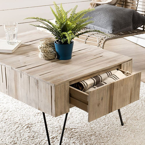 Table basse 2 tiroirs en teck piètement épingles en métal noir - Collection Clara