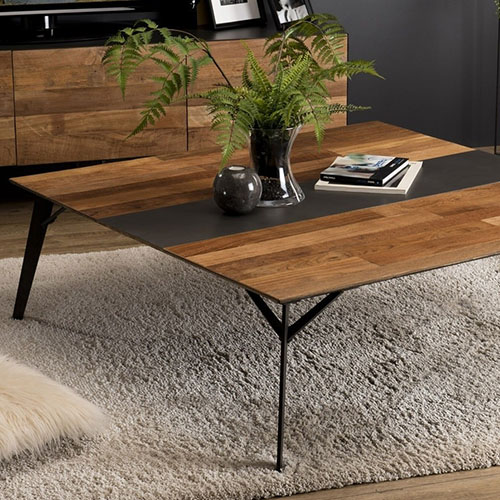 Table basse carrée 120x120cm en teck recyclé piètement métal noir - Edouard