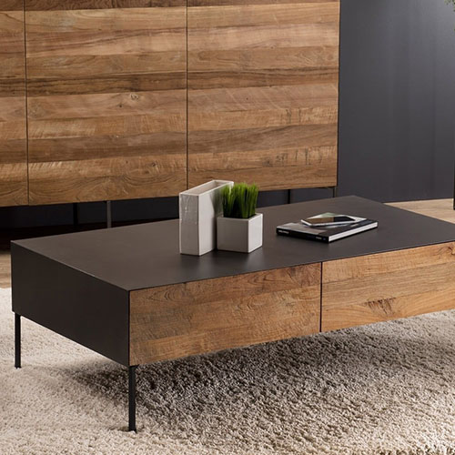 Table basse 111x60cm 2 tiroirs en teck recyclé et métal - Edouard