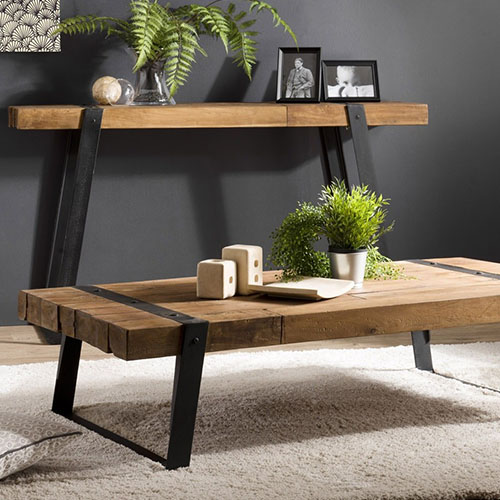 Table basse rectangulaire en teck recyclé piètement incliné en métal - Athena