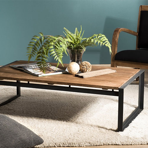Table basse rectangulaire en teck recyclé piètement métal - Athena