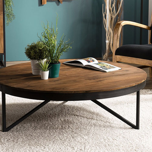 Table basse ronde en teck recyclé piètement métal - Athena