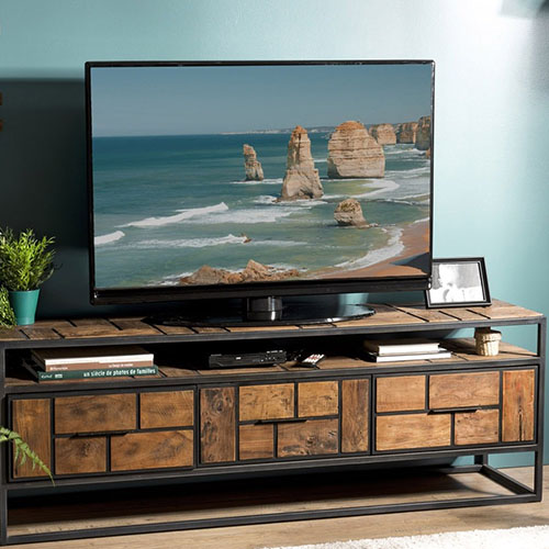 Meuble TV 3 tiroirs 1 niche de rangement en teck recyclé et métal - Athena