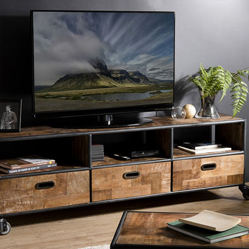 Meuble TV à roulettes 3 tiroirs 3 niches en teck recyclé et métal - Athena