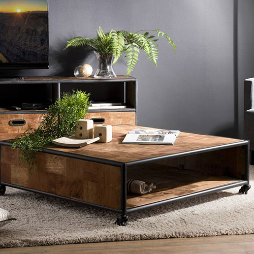 Table basse carrée à roulettes 1 étagère en teck recyclé et métal - Athena