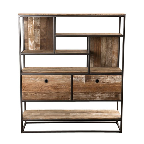 Etagère 2 tiroirs 7 niches en teck recyclé acacia et métal - Athena
