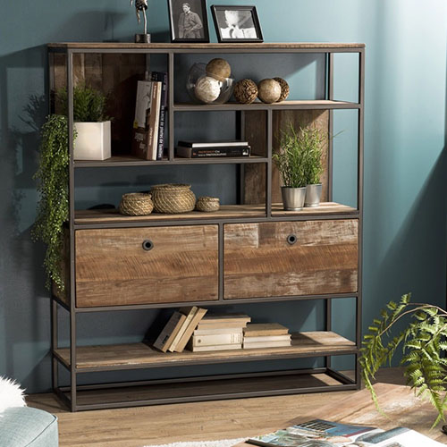 Etagère 2 tiroirs 7 niches en teck recyclé acacia et métal - Athena