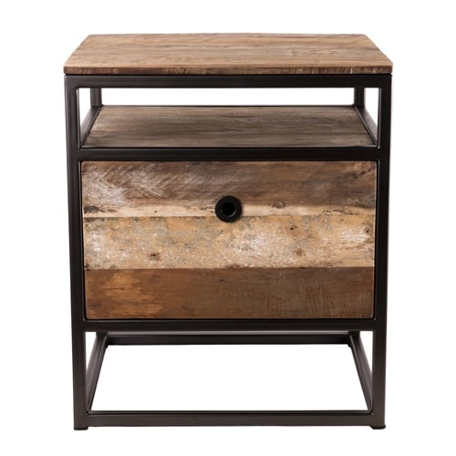 Petit meuble d'appoint 1 tiroir en teck recyclé acacia et métal - Athena