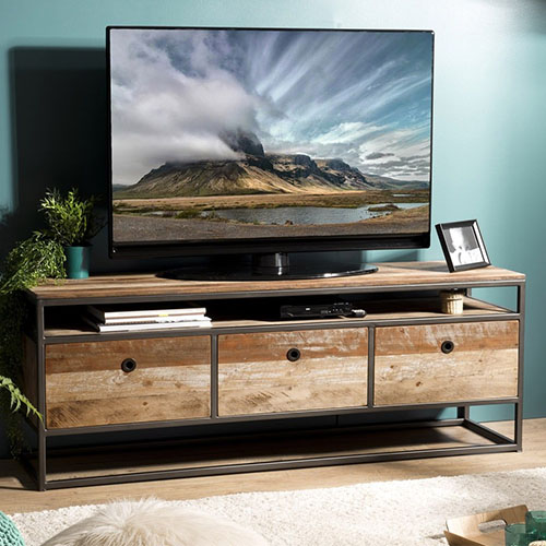 Meuble TV 3 tiroirs en teck recyclé acacia et métal - Athena