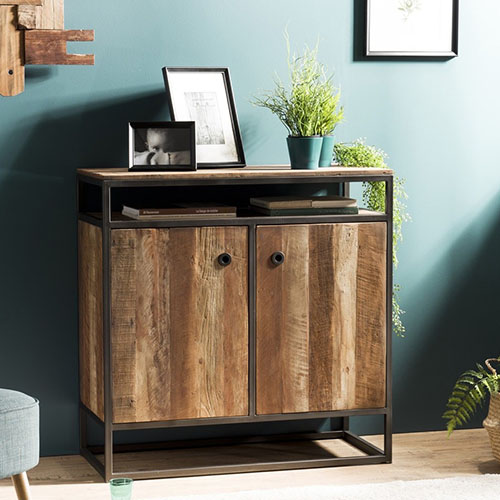 Buffet 2 portes 1 étagère en teck recyclé acacia et métal - Athena